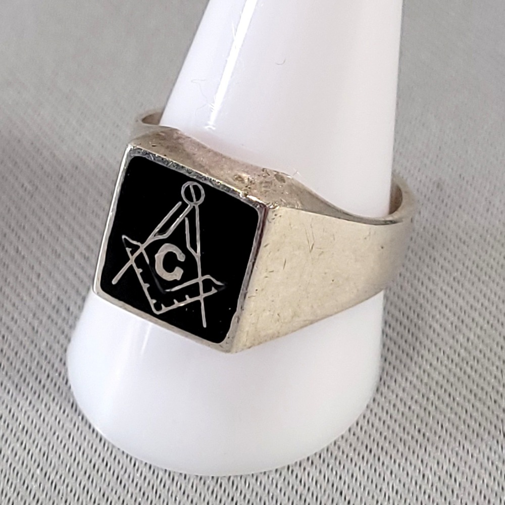Vintage 925 Sterling Silver Masonic Signet‎ Ring Black Enamel Square Mens 11.5
